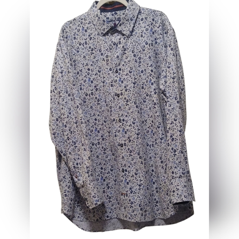 Visconti Black - Lite Blue W/ Blue Floral Print, Collar & Cuffs W/ Navy Blue...